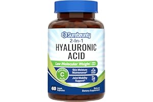 Surebounty Hyaluronic Acid, Sodium Hyaluronate + Vitamin C, Highly Purified and Bioavailable, Skin Hydration, Joints Lubrication and Antioxidant, 60 Vegan Caps