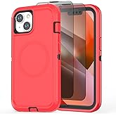 Qizaixi Designed for iPhone 13 & iPhone 14 Case [Compatible with MagSafe] [with Privacy Screen Protector] 3-Layer Full Body Protection Rugged Shockproof Heavy Duty Phone Case Cover, Red/Black