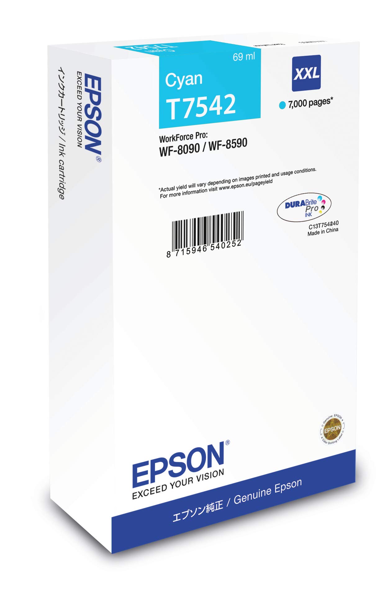 Epson T7542 Cyan Genuine, XXL High Yield Ink Cartridge DuraBrite Ultra