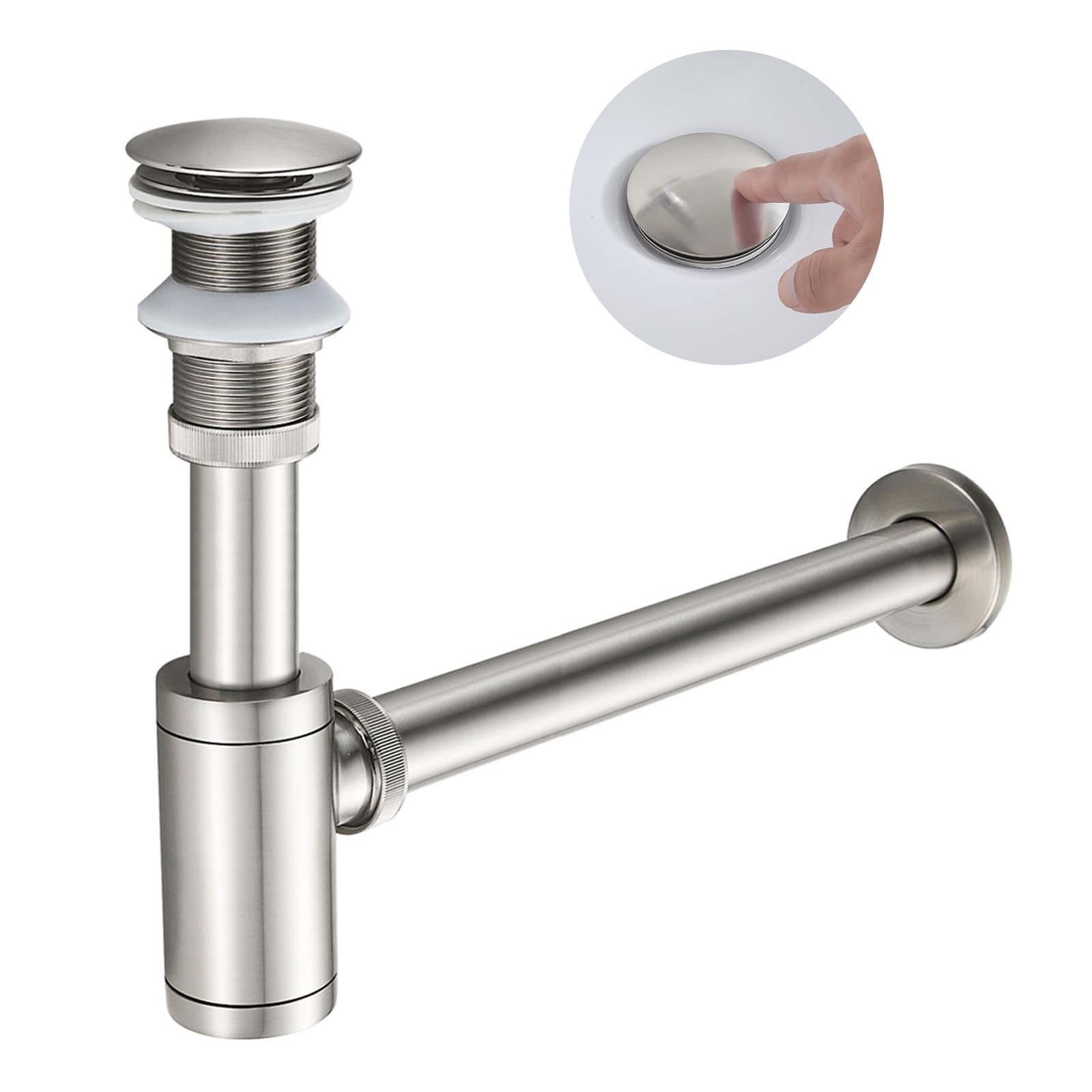 KEOKBON Bottle Trap 1 1/4 no Overflow, Round Decorative Adjustable Basin Sink Waste Traps Plumbing Drain Tube for Bathroom Sink Basin Vessel, Brushed Nickel Basin Sink Waste Pop Up Drain