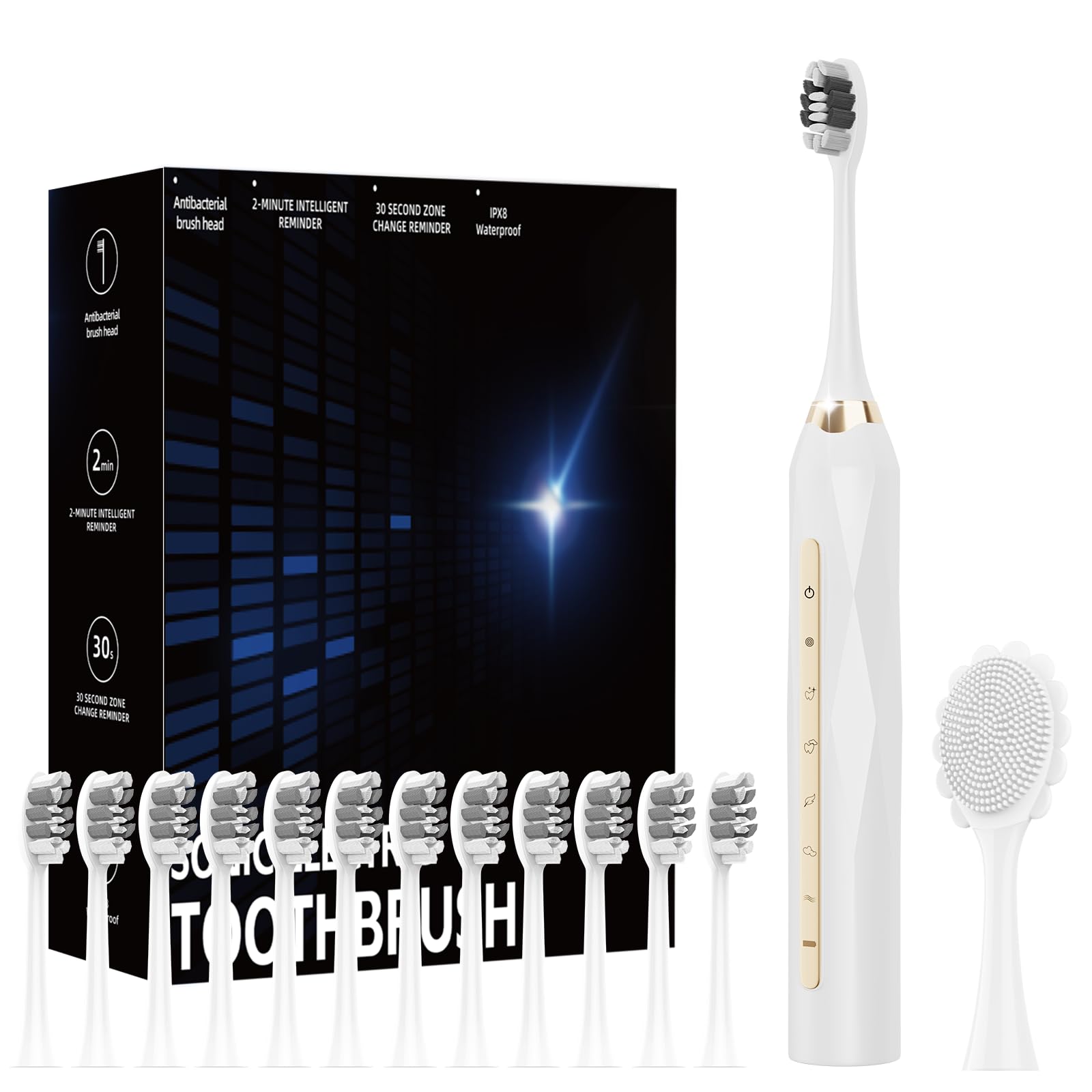 Adult Sonic Electric Toothbrush, USB Rechargeable Sonic Toothbrush, with 12 Brush Heads, 5 Modes, Equipped with Cleaning Brush, Brushing and Washing Two in one