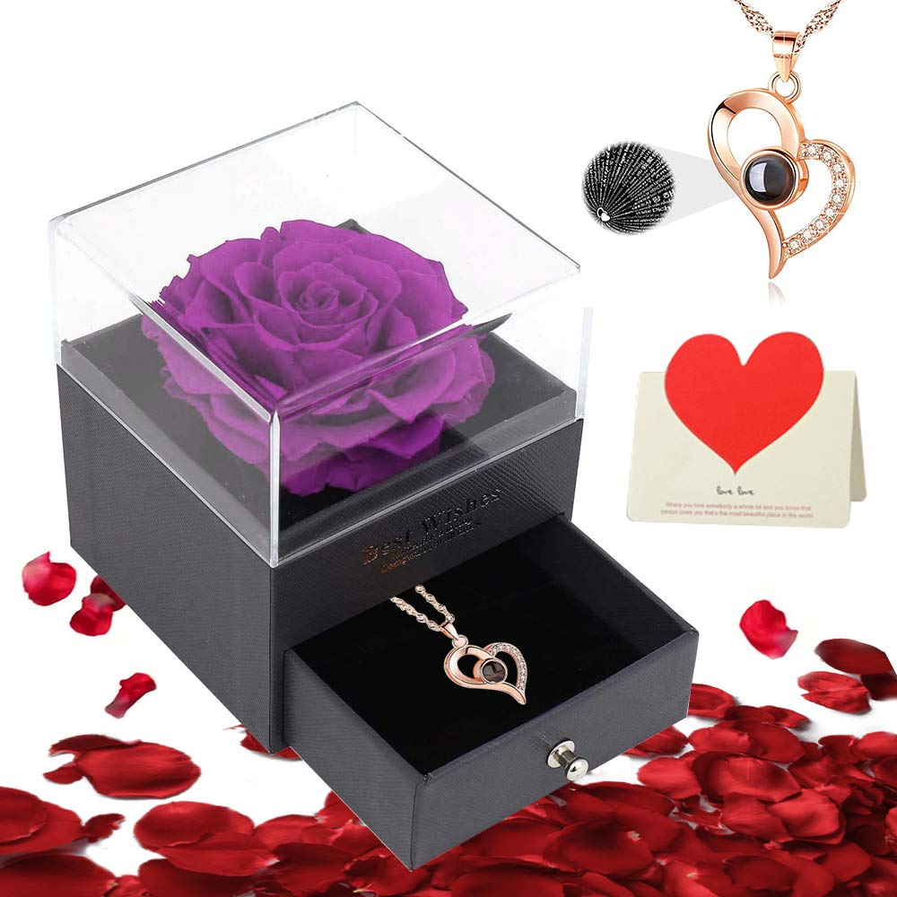 Eternal Rose Flower Gifts- Preserved Flower Rose 4 in 1 Gift Pack Handmade Fresh Flower Rose with 100 Languages I Love You Necklace Gift for Valentine's Day Mother's Day Anniversary Birthday(Purple)