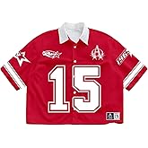 GORGLITTER Men's Button Up Cropped Shirt Oversized Collared Y2K Graphic Rave Boxy Cool Jersey Crop Tee Tops Streetwear