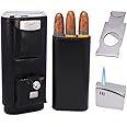 AMANCY Superior 3 Holder Black Leather Cedar Wood Liner Cigar Case Combo Set with Lighter and Cutter Perfect Completed Gift Kit for Cigar Lovers