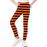 IIMMER Girls Halloween Stretchy Leggings Graphic Lightweight Elastic Band Tight Pants Orange & Black Stipes 9-10 Years