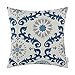 CaliTime Canvas Throw Pillow Cover Case for Couch Sofa Home Decoration Three-Tone Dahlia Floral Compass Geometric 18 X 18 Inches Blue/Gray