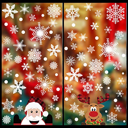 300 PCS 8 Sheet Christmas Snowflake Window Clings Stickers, Xmas Decals Decorations Snowflake Santa Claus Reindeer Decals for Glass Window Door Holiday Party Supplies