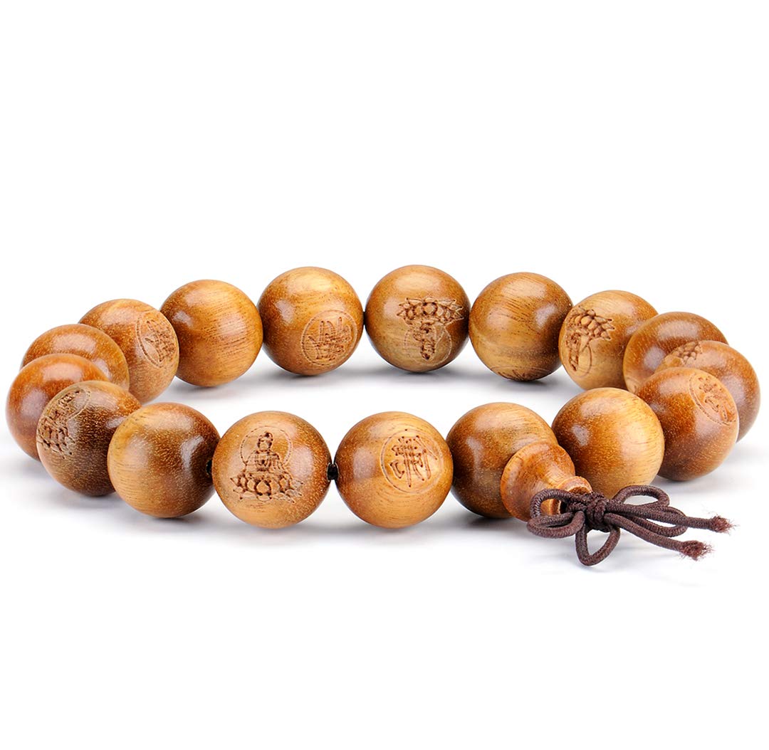 Thajaling Sandalwood Zen Mala Bracelet Buddhist Carved Kwan-yin 12 MM Prayer Beads Wrist Bracelet