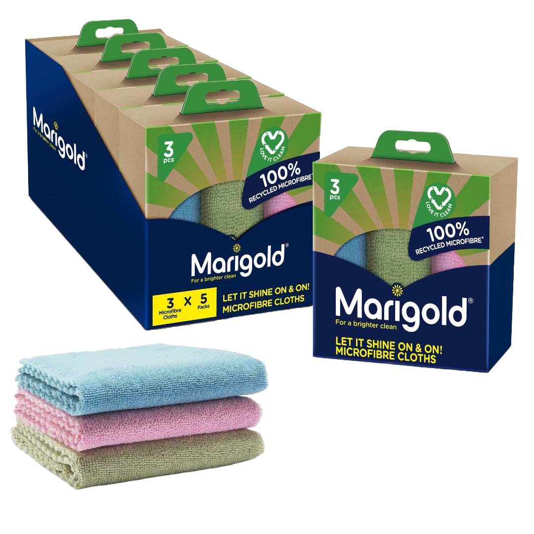 Marigold Let It Shine On and On Microfibre Cloths, Case Pack of 5 x 3Pk Cloths, 100% Recycled Microfibre Cleaning Cloths, Multifunctional Reusable Cloths for All Surfaces, Machine Washable