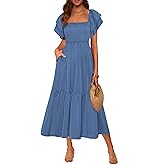 MASCOMODA Womens Summer Casual Midi Dress Square Neck Ruffle Short Sleeve Smocked High Waist A Line Wedding Guest Dresses