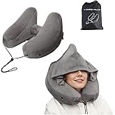 Inflatable Travel Pillow, Neck Pillow for Travel with Hood for Airplane, Velvet Memory Foam Neck Pillow Adult Head & Neck Support, for Long Flights Plane, Office, Cars Sleeping & Rest (Gray)