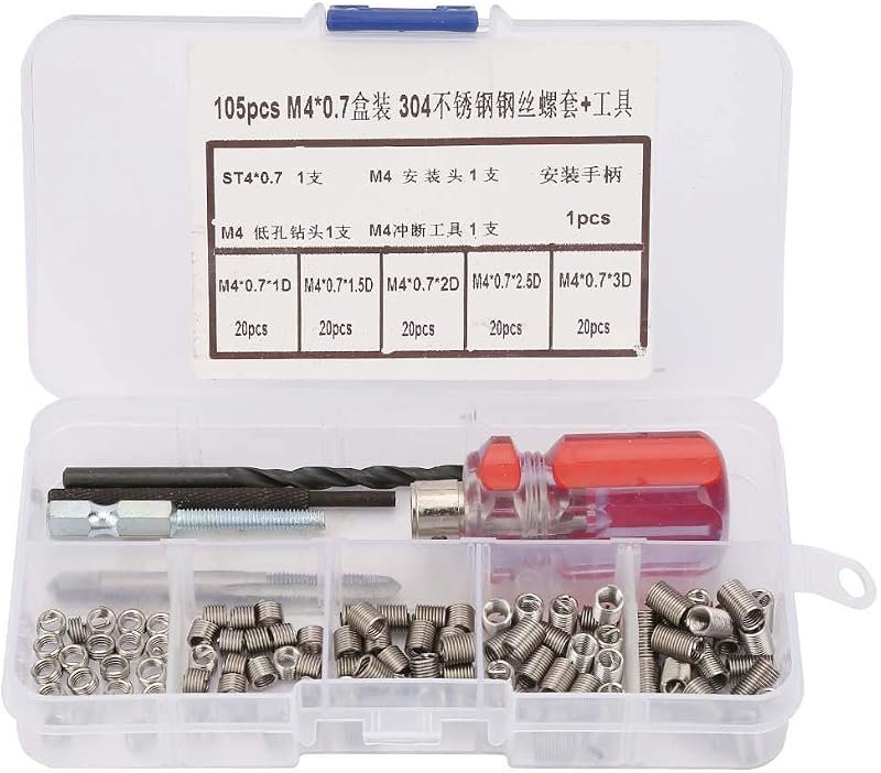 Akozon Stainless Steel Wire Thread Inserts Kit M4x0.7 Screw Repair Sleeve