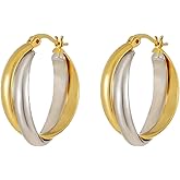 GZQ Two-Tone Gold Silver Hoop Earrings for Women,Chunky Double Hoop Design Fashion Statement Jewelry for Daily Wear Party Dating Gift, Lightweight 11g, 3cm Size