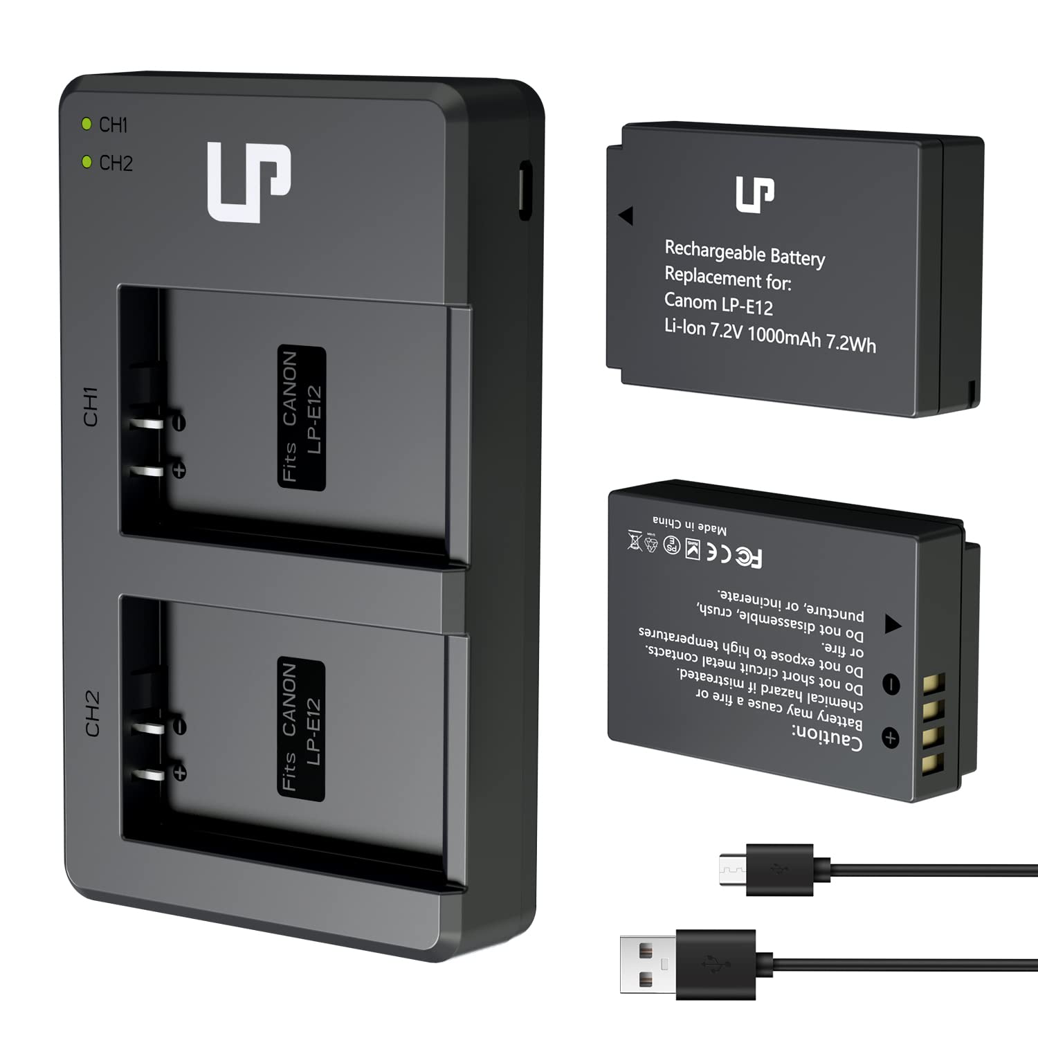 LP-E12 Battery Charger Pack, LP 2-Pack Battery & Dual Slot Charger, Compatible with Canon EOS M100, M50, M10, M2, M, Rebel SL1, 100D, PowerShot SX70 HS, Kiss M, Kiss X7 & More