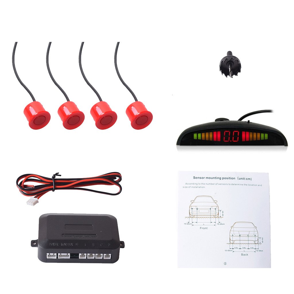 COCAR Car Auto Vehicle Reverse Backup System with 4 Parking Sensors Distance Detection Radar + LED Distance Display + Sound Warning - Red