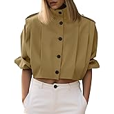 Cicy Bell Womens Cropped Trench Coats Pleated Button Down Short Jackets Fall Casual Lapel Loose Fit Outerwears