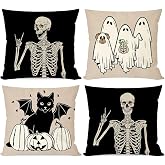 PANDICORN Halloween Pillow Covers 18x18 Set of 4 Black Cat Skeleton Dog Ghost Pumpkin Fall Halloween Decorations Indoor Outdoor Decorative Throw Pillows Cases for Home Bed Living Room Couch Decor
