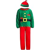 IKALI Kids Christmas Santa Elf Costume, Xmas Jumpsuit with Hat Fancy Dress Outfit for Boys 3-10 Years