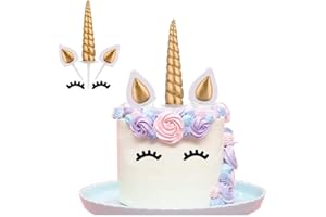 Yashell Unicorn Cake Topper, Reusable Gold Unicorn Horn, Ears and Eyelashes Party Cake Decoration Value Set for Unicorn Party Decoration for Baby Shower, Wedding and Birthday Party(Set of 5)
