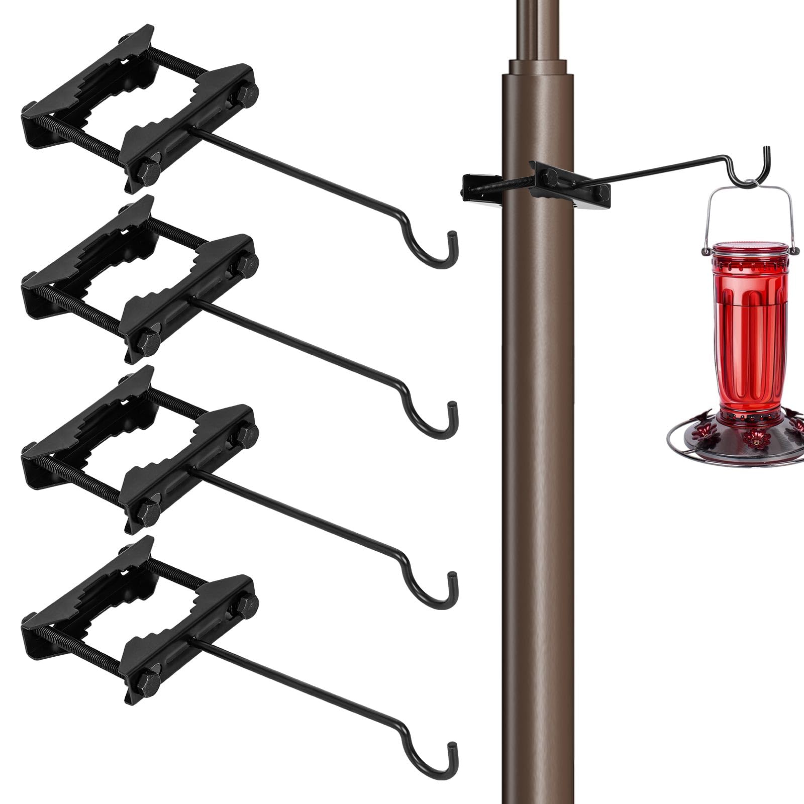 Photo 1 of TKGKHK Bird Feeder Hanger Hook for 0.9-2.7" Pole, Iron Clamp-On Deck Hook for Railing Pole, Outdoor Hanging Bracket for Plant, Tree Branch Hooks for Bird House Holder (4 Pack)