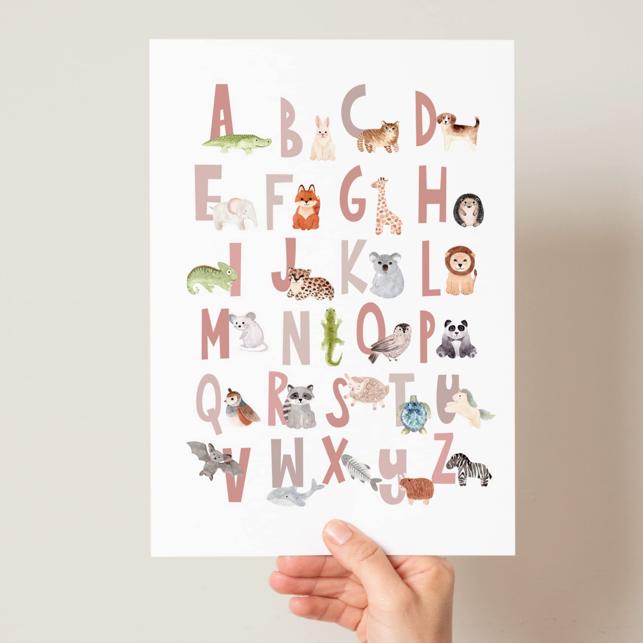 Scandi Animal Alphabet, Children's Educational Print, Boho Animal Alphabet Poster, Peg Animal Alphabet, Woodland Safari Animal Alphabet (A3, Pinks)