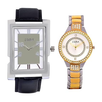Combo of couple watches in Leather & Metal (Black and Golden)