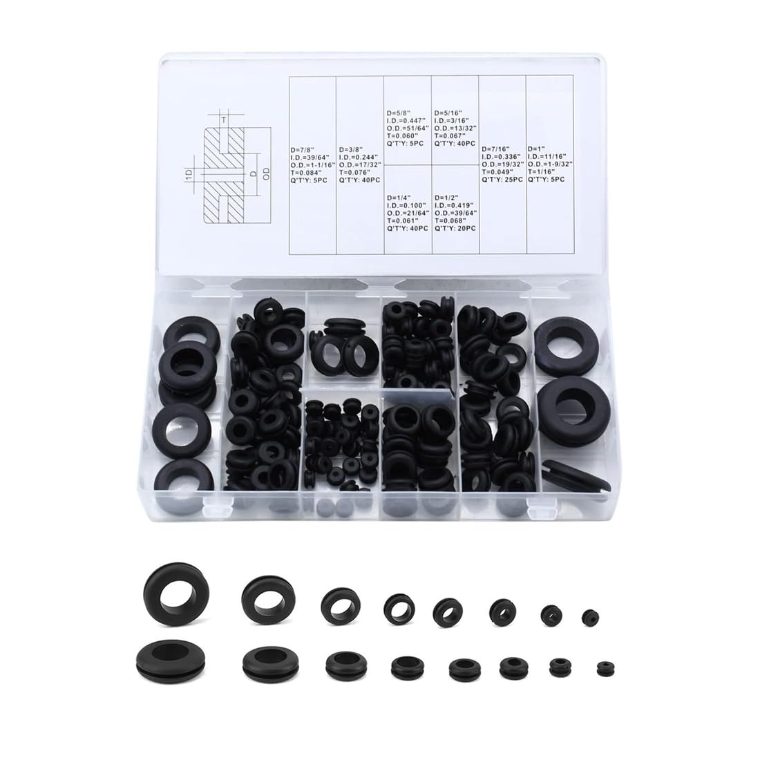 Rubber Seal Ring Kit, 180 PCS Rubber Grommet Kit for Wire, Plug, Cable, Washer Seal Assortment with 1/4", 5/16", 3/8", 7/16", 1/2", 5/8", 7/8",1" (8 Sizes)