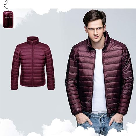 Amazon Co Jp メンズライトウェイトハイカラーダウンジャケットショートキルティングコート 収納可能なバッグ 90 ホワイトダックダウン 赤ワイン ホーム キッチン