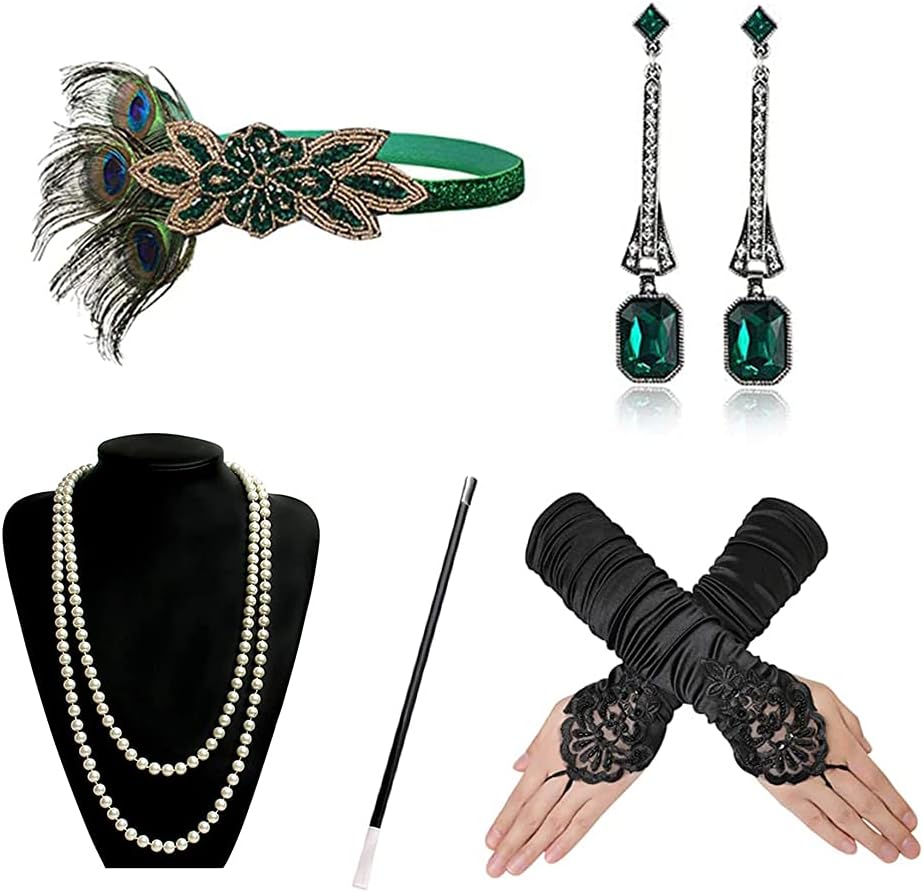 mefound 1920s Flapper Costume Accessories Set Gatsby Headband Gloves Necklace