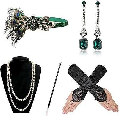 mefound 1920s Flapper Costume Accessories Set Gatsby Headband Gloves Necklace