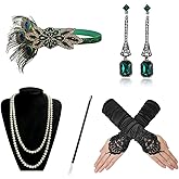 1920s Gatsby Accessories Set for Women Flapper Costume 20s Flapper Headband Pearl Necklace Gloves Plastic Holder