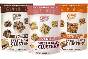 Chunk Nibbles Variety Snack Pack - S'mores, Vanilla, & Peanut Butter Chocolate Clusters - Gourmet Sweet & Salty Treat - Handcrafted, No Artificial Colors - 4.25oz Resealable Pouch (3 Pack)