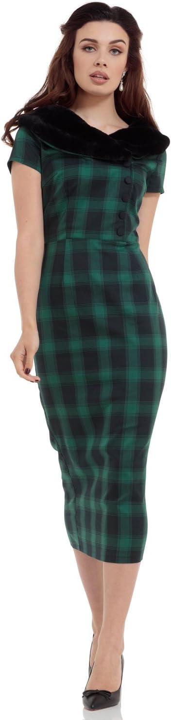 VOODOO VIXEN Rachel Tartan Pencil Dress with Fur Collar