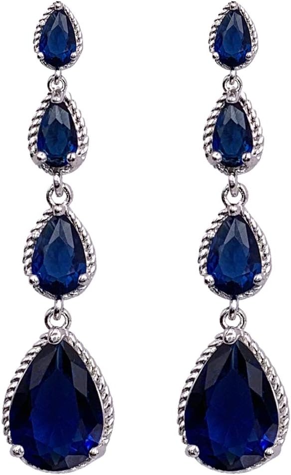 HAISWET Sapphire Color Teardrop Royal Blue Cubic Zirconia Drop Earrings Silver Tone