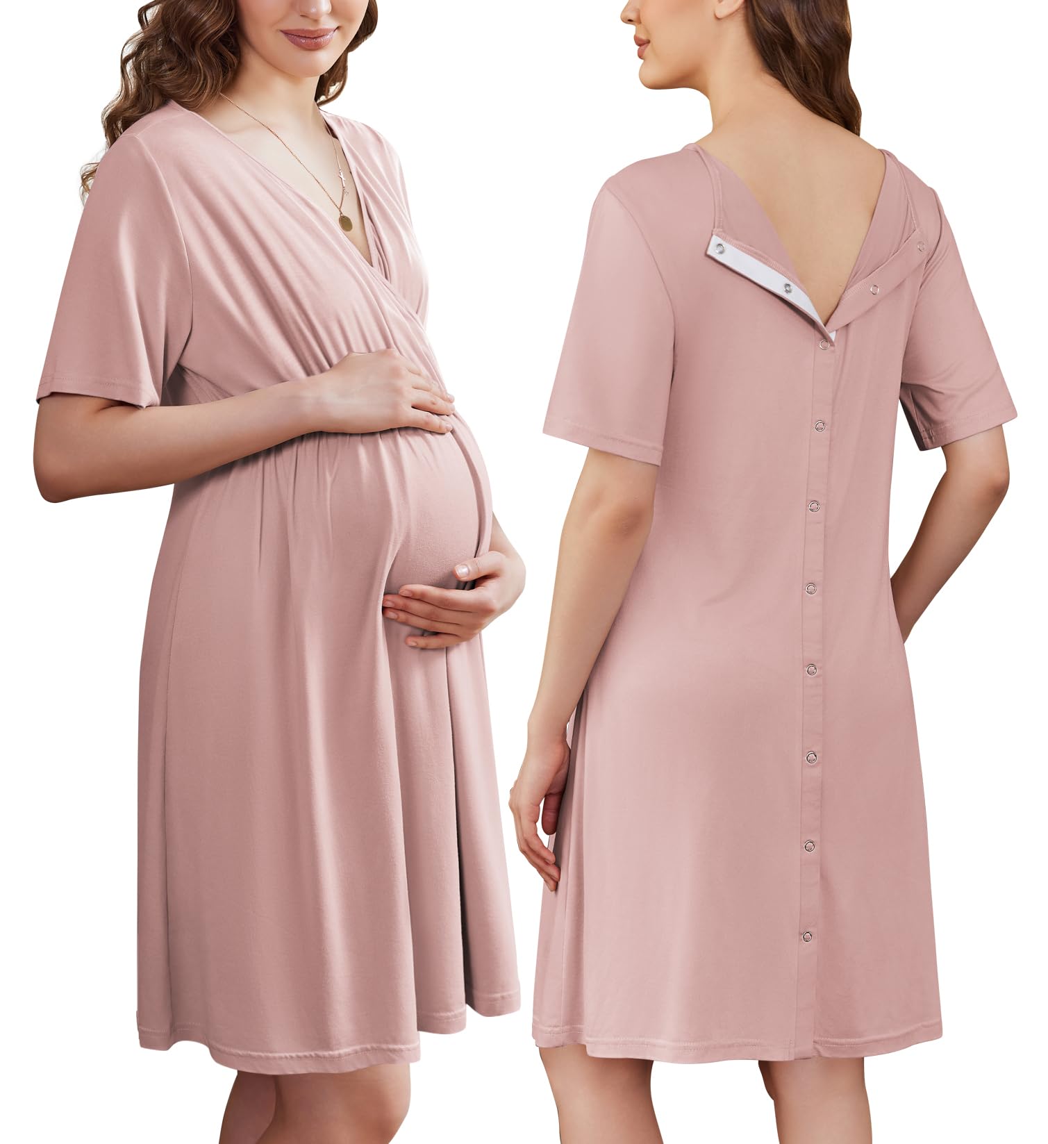 Photo 1 of Ekouaer Labor and Delivery Gown for Hospital Short Sleeve Maternity Nursing Nightgown with Button Pregnancy Clothes Mauve XL