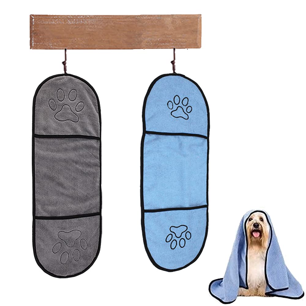Pack of 2 Quick Dry Pet Bath Towel, Absorbent Dog Bath Towel, Quick Drying Pet Bath Towels, Quick Drying Towel for Dog, Pet Bath Towel With Hand Pockets, for Small/Medium Animals, Gray and Blue