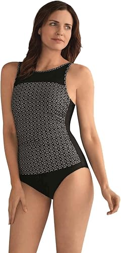 AMOENA Ayon Damen-Badeanzug, halbes Mieder, mit Taschen, Schwarz/Weiß