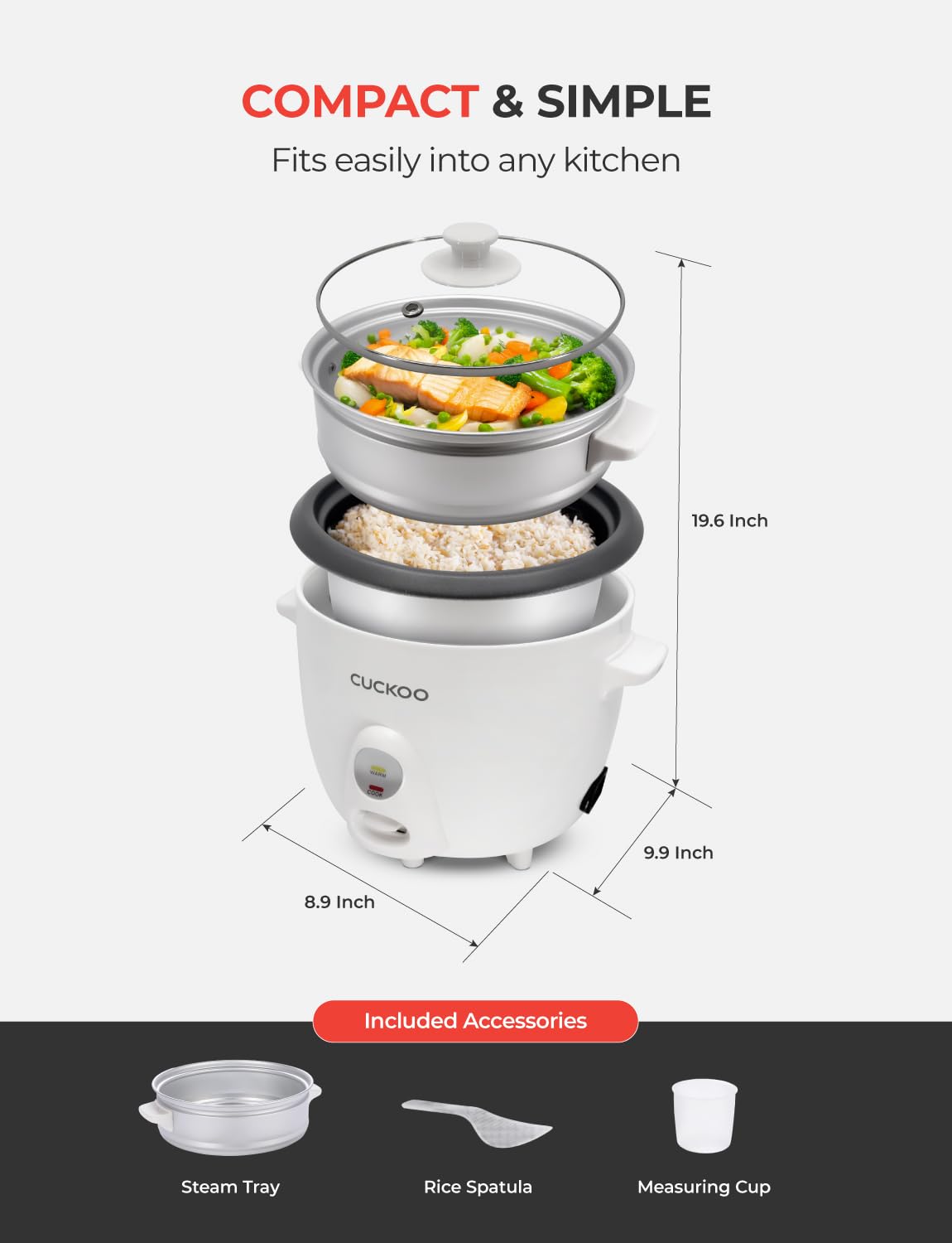 CUCKOO One Touch Rice Cooker 12-Cup Cooked, Small Rice Cooker & Warmer with Steamer Tray, Versatile Grain Cooker, Soup Maker, Auto Keep Warm, 6-Cup Uncooked, White (CR-0601C)