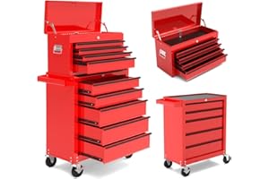 EVASTAR HOME EvaStar Rolling Tool Chest, 9-Drawers Tool Cabinet with Detachable Top Tool Box, Lockable Tool Storage Organizer with Wheels and Sliding Drawers for Garage Workshop Repair Shop, Red