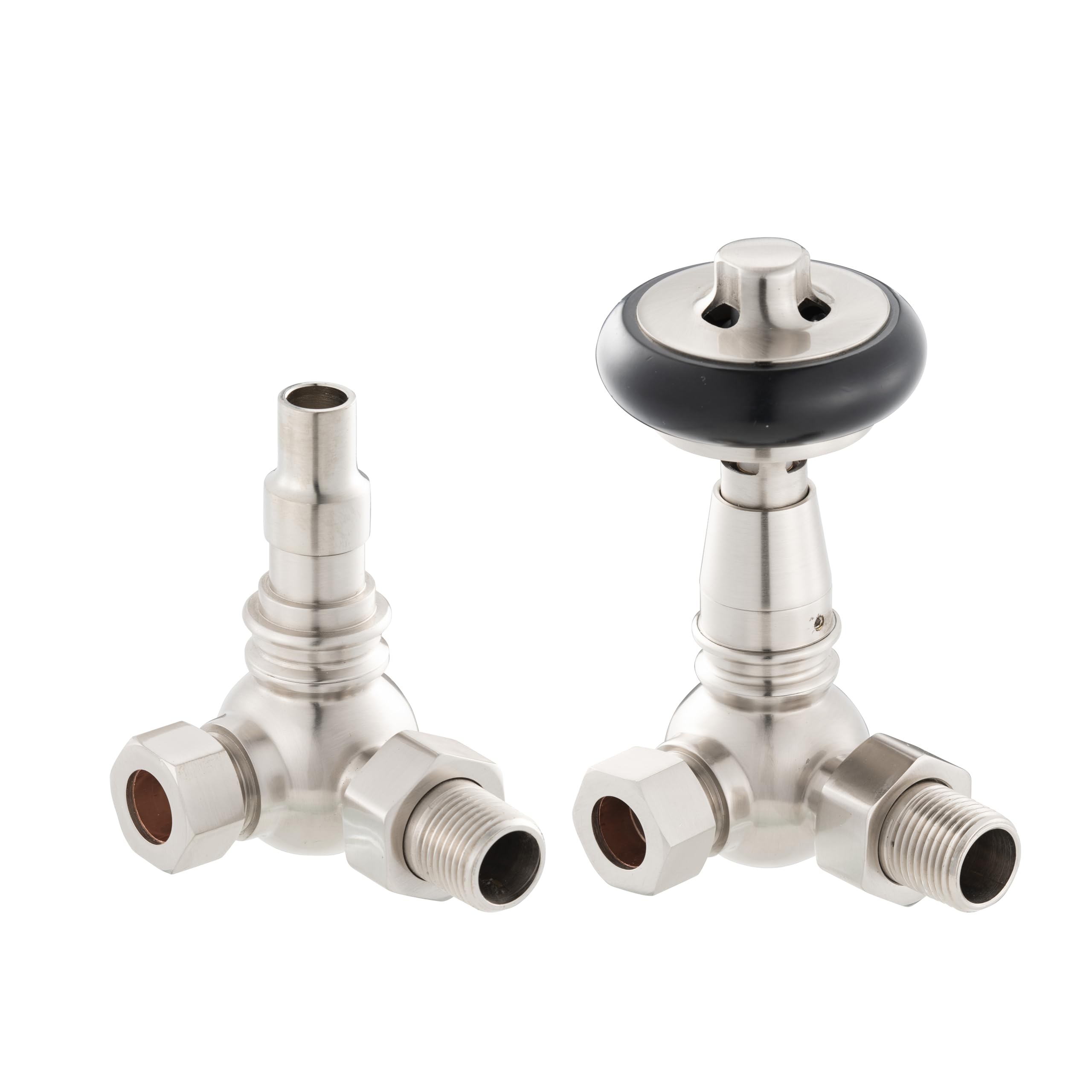 UK-15 BRN Arroll traditional Brushed nickel Corner Thermostatic Radiator Valve with FSC certified black wooden wheel head & lockshield