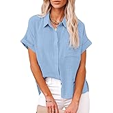 Womens Casual Cotton Linen Button Down Short Sleeve Shirts Solid Summer Beach Blouses Tops with Pocket