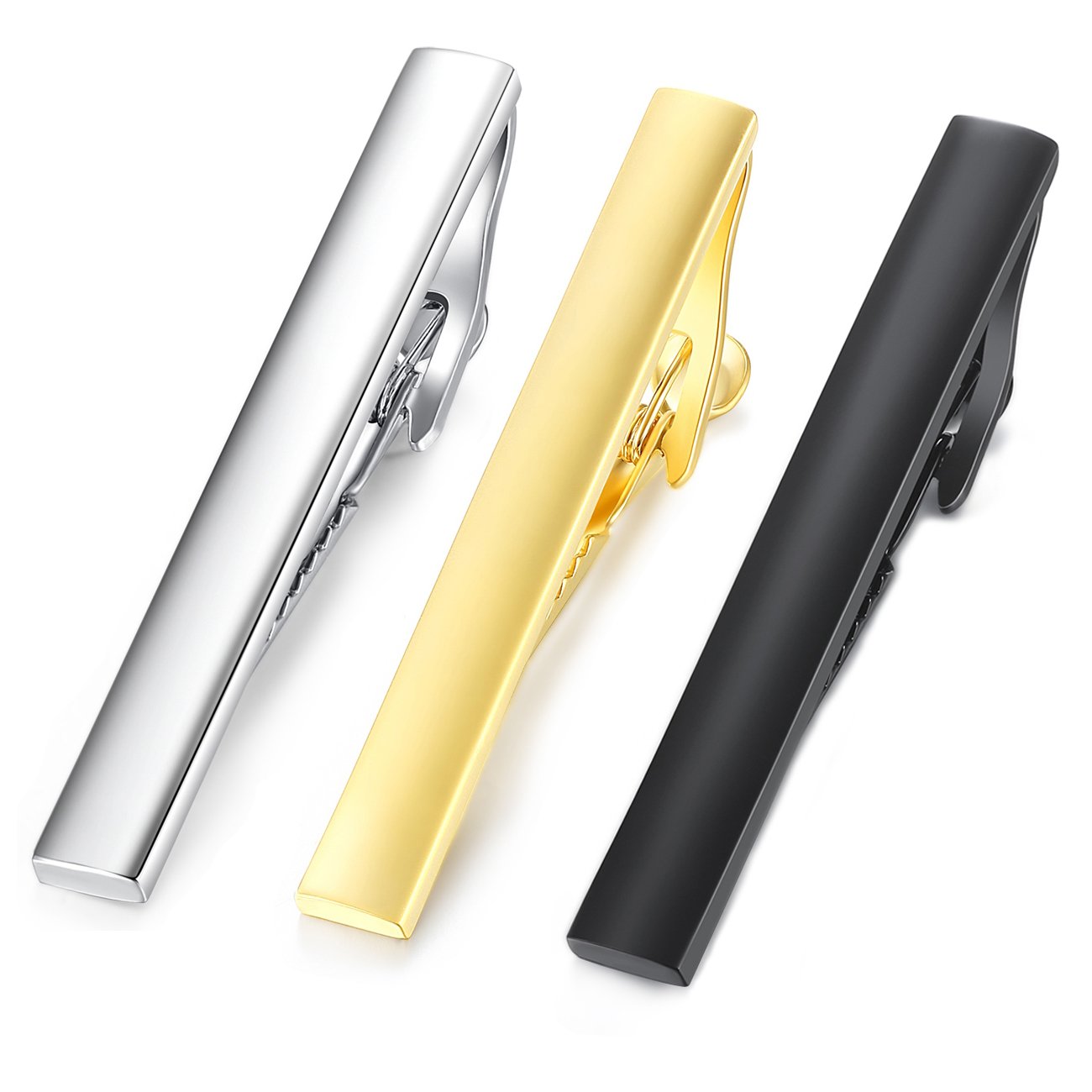 HONEY BEAR 2.12" 3pcs Set Mens Tie Clips Set Tie Bar for Normal Size Tie for Business Wedding Gift,5.4cm (Shinny Silver+Black+Gold without box)
