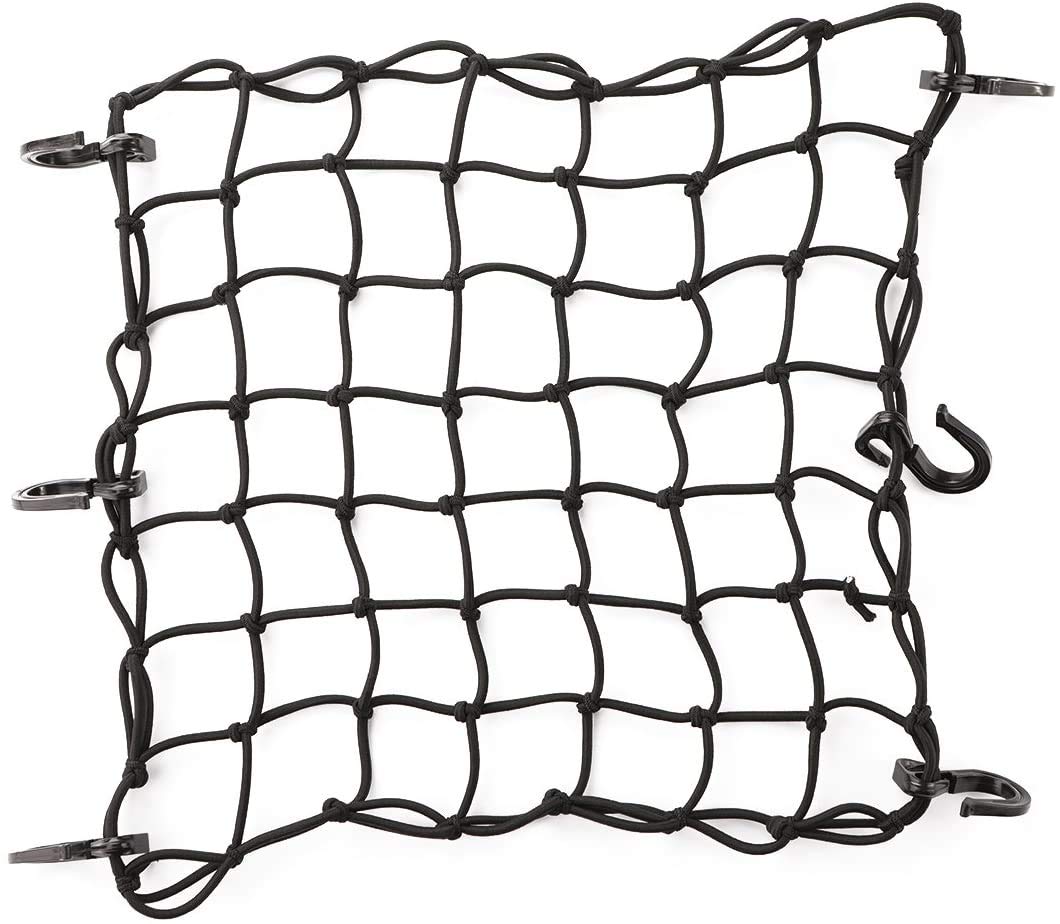 CZC AUTO 38x38cm Black Latex Bungee Cargo Net Strech to 76x76cm, Gear Helmet Luggage Netting with 5X5cm Small Mesh and 6 Adjustable Plastic Hooks for Motorcycle Bike Paddleboard Quad Canoe Moped ATV