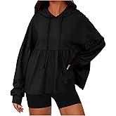 Babydoll Sweatshirts for Women Long Lantern Sleeve Drawstring Peplum Hem Loose Oversized Hoodie Pullover Tops