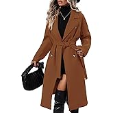 SAUKOLE Women's Trendy Lapel Collar Double Breasted Wool Blend Coats Winter Pea Overcoat Pocketed Outwear with Belt