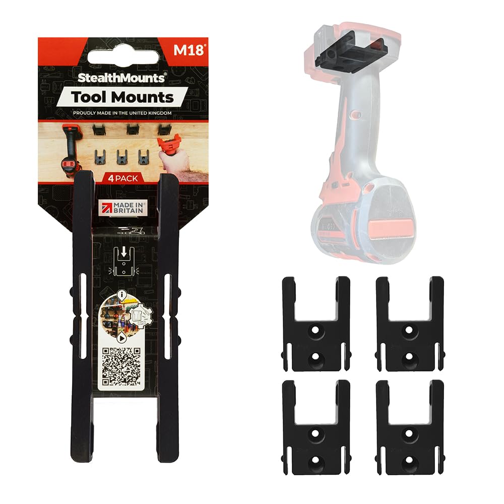 StealthMounts Tool Mounts compatible with Milwaukee M18 | Cordless Tool Holders 18v Power Tools | 4 Pack | Black Workshop Organisers | Made in the UK
