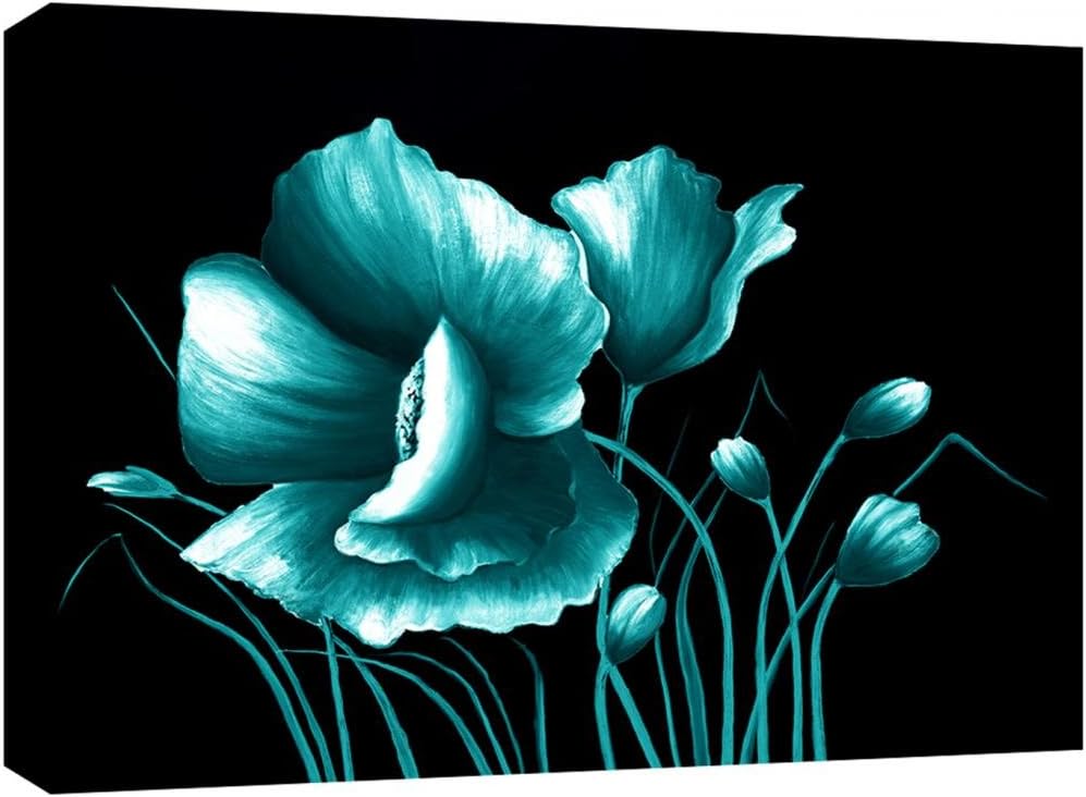 Extra Large Canvas Picture Teal Floral Painting on Black 113 x 80cm ready to hang 3cm frame