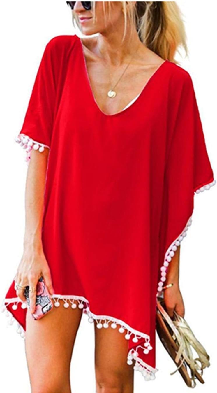 ROCONAT Women Fashion Solid Chiffon Tassel Loose Bikini Swimsuit Beachwear Cover up