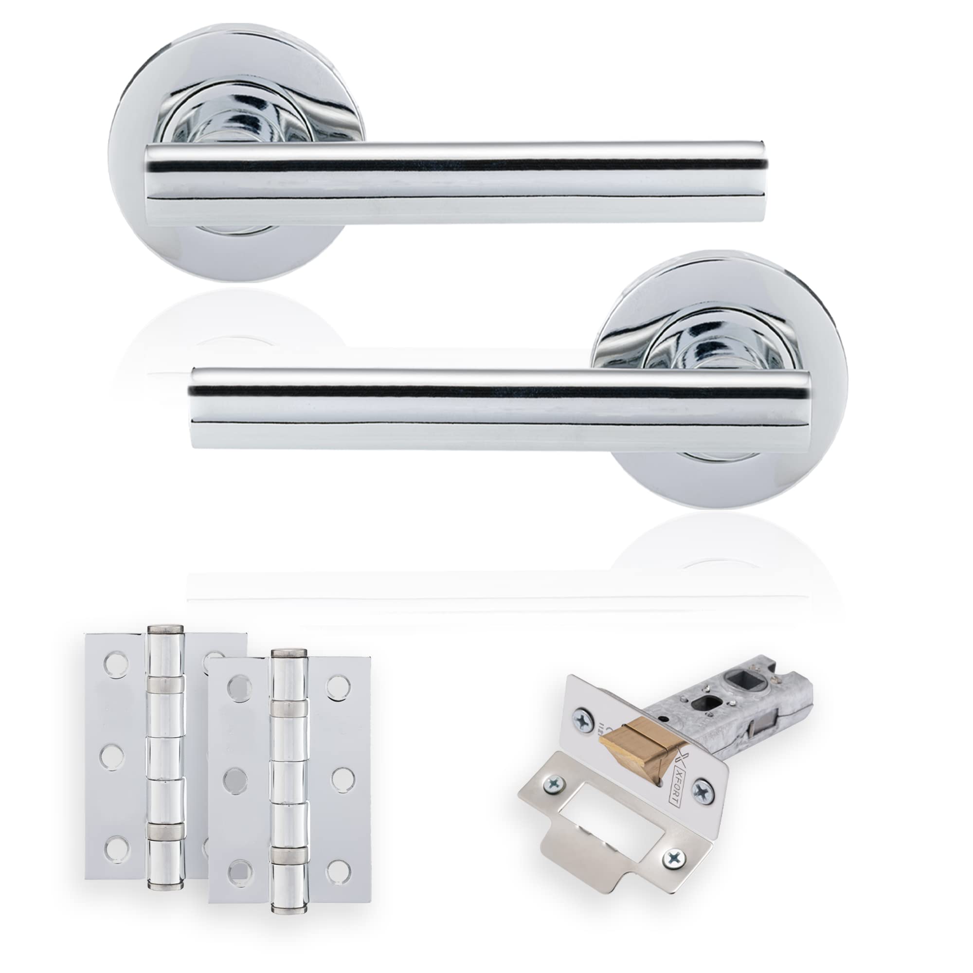 XFORT Polished Chome Liberty Lever On Rose Latch Pack, Complete Set With T-Bar Door Handles, 65mm Tubular Latch And 75mm Ball Bearing Hinges, Door Handle Set For Home And Office.