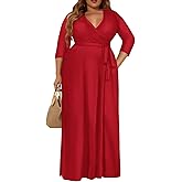 Milloud Plus Size Dress for Women - 3/4 Sleeve V-Neck Maxi Dress for Women with Belt and Pockets (2XL-6XL
